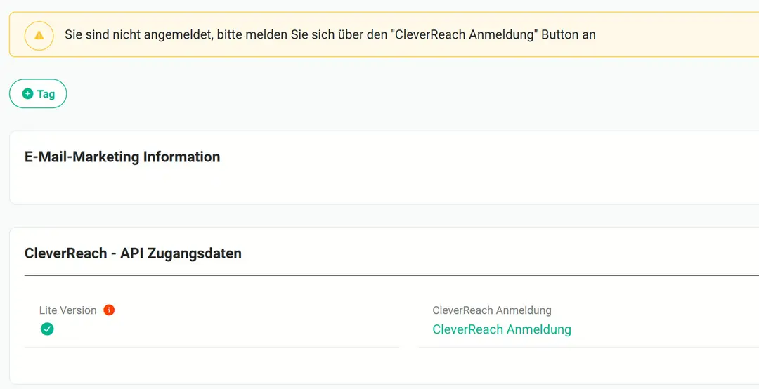 Detailansicht des CleverReach-Accounts mit gelbem Hinweis „Sie sind nicht angemeldet …“ und Block „CleverReach - API Zugangsdaten“: Lite Version aktiv und Link „CleverReach Anmeldung“