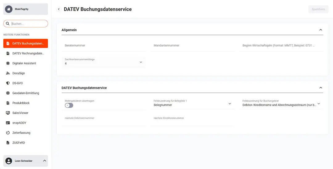 Einstellungen DATEV Buchungsdatenservice
