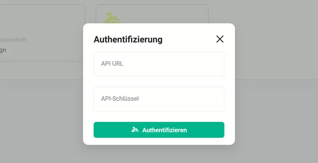 Popup „Authentifizierung“ für DocuSeal mit leeren Feldern „API URL“ und „API-Schlüssel“ und dem Knopf „Authentifizieren“