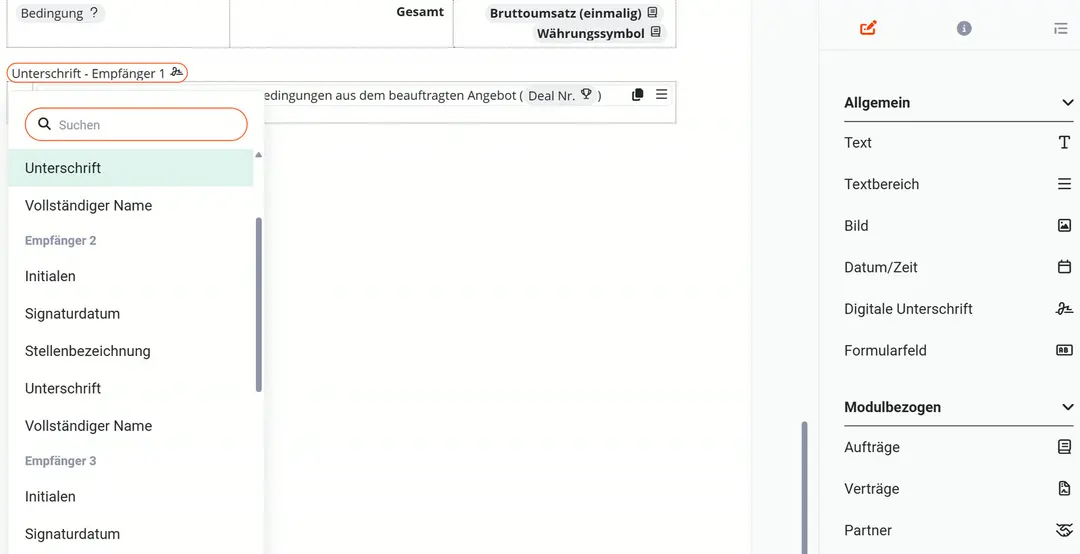 PDF-Vorlage im Bearbeitungsmodus: Platzhalter „Unterschrift - Empfänger 1“ mit geöffneter Auswahl (Unterschrift, Vollständiger Name, Initialen, Signaturdatum, Stellenbezeichnung je Empfänger), rechts die Platzhalterliste mit „Digitale Unterschrift“