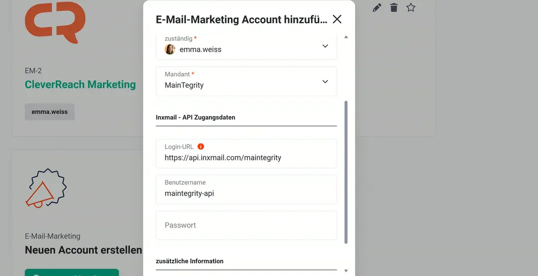 Popup zum Hinzufügen eines E-Mail-Marketing-Accounts, Block „Inxmail - API Zugangsdaten“ mit Login-URL https://api.inxmail.com/maintegrity, Benutzername maintegrity-api und leerem Passwortfeld; darüber zuständig emma.weiss und Mandant MainTegrity