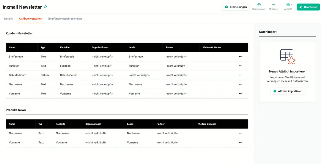Inxmail-Account mit Reiter „Attribute verwalten“: Liste „Kunden-Newsletter“ mit Briefanrede, Funktion, Geburtsdatum (Datum), Nachname und Vorname, Liste „Produkt-News“ mit Nachname und Vorname, je mit verknüpften Feldern