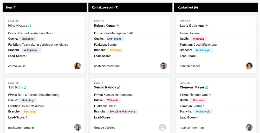 Leads nach Status mit den Spalten Neu (4), Kontaktversuch (7) und Kontaktiert (6); oben in „Neu“ LEAD-29 Nina Krause (Krause Haustechnik GmbH, Quelle Marketing, Teamleitung Vertriebsinnendienst, zuständig emma.weiss)