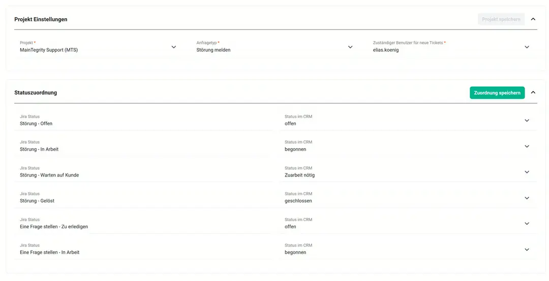Projekteinstellungen mit Projekt „MainTegrity Support (MTS)“, Anfragetyp „Störung melden“ und zuständigem User elias.koenig; Statuszuordnung von sechs Jira-Status zu Ticketstatus, etwa „Störung - In Arbeit“ zu begonnen und „Störung - Gelöst“ zu geschlossen