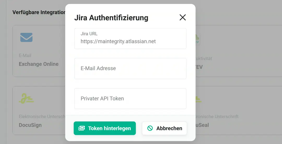 Popup „Jira Authentifizierung“ mit vorbelegter Jira URL, leeren Feldern „E-Mail Adresse“ und „Privater API Token“ und den Knöpfen „Token hinterlegen“ und „Abbrechen“