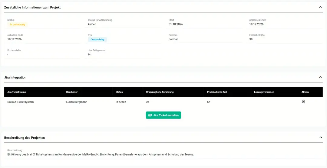 Projekt mit Status In Umsetzung, Fortschritt 38 % und „Jira Zeit gesamt“ 6h; Block „Jira Integration“ mit dem Ticket Rollout Ticketsystem, Bearbeiter Lukas Bergmann, Status In Arbeit, Schätzung 2d, protokolliert 6h und Knopf „Jira Ticket erstellen“
