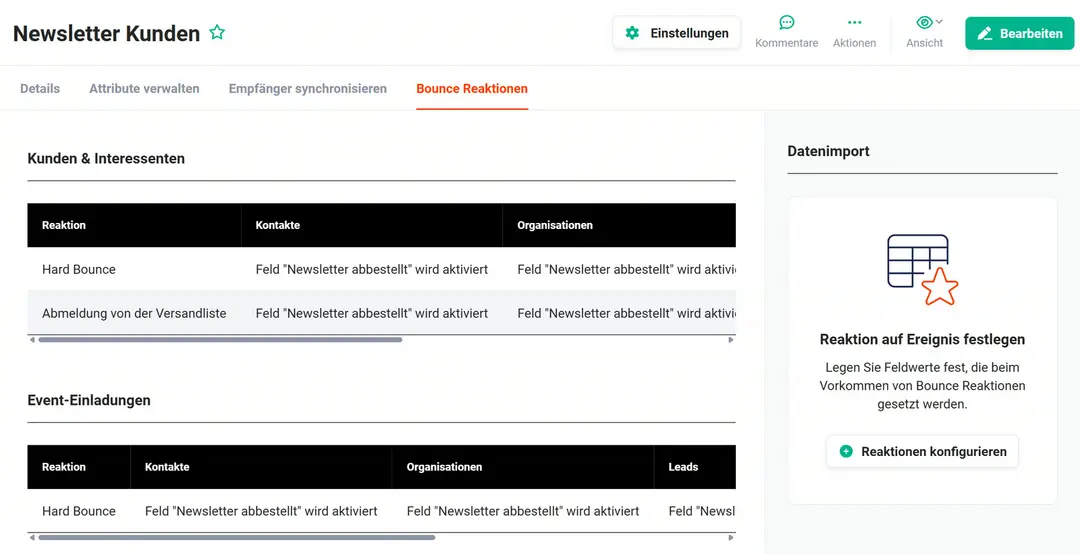 Reiter „Bounce Reaktionen“: Liste „Kunden & Interessenten“ mit Hard Bounce und Abmeldung von der Versandliste, je „Feld "Newsletter abbestellt" wird aktiviert“ bei Kontakten und Organisationen; Liste „Event-Einladungen“ mit Hard Bounce; rechts „Reaktionen konfigurieren“