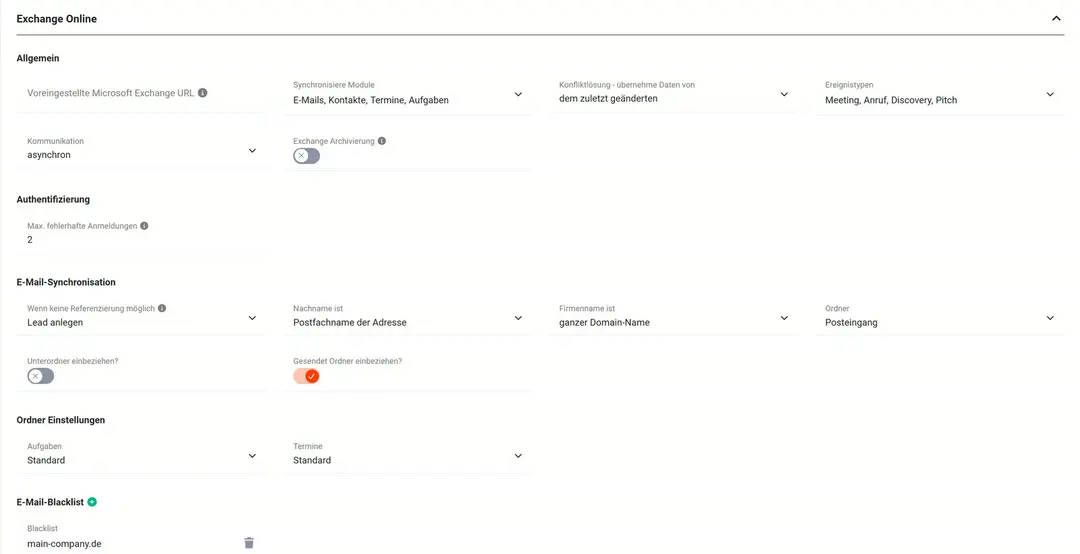 Block „Exchange Online“: synchronisierte Module E-Mails, Kontakte, Termine und Aufgaben, Konfliktlösung „dem zuletzt geänderten“, Ereignistypen, E-Mail-Synchronisation mit „Lead anlegen“ ohne passenden Datensatz, Ordner Posteingang und E-Mail-Blacklist mit der Domain main-company.de