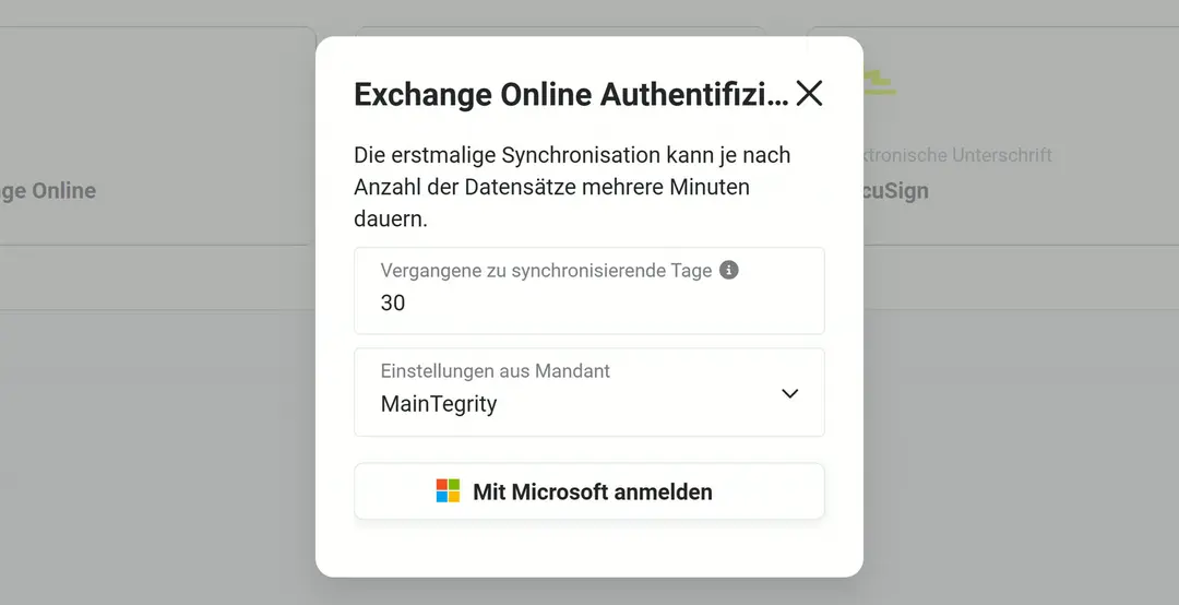 Popup zur Authentifizierung bei Exchange Online mit Hinweis zur Dauer der ersten Synchronisation, Feld „Vergangene zu synchronisierende Tage“ mit 30, Einstellungen aus Mandant MainTegrity und Knopf „Mit Microsoft anmelden“
