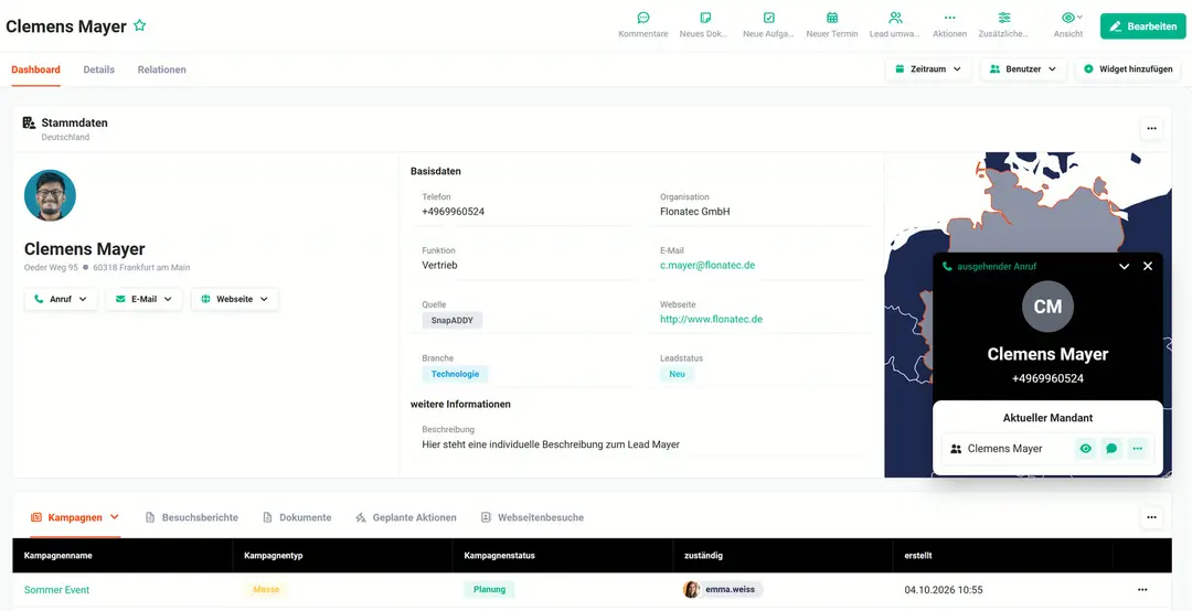 Dashboard des Leads Clemens Mayer (Flonatec GmbH, Telefon +4969960524, Quelle SnapADDY, Leadstatus Neu) mit Anruf-Popup „ausgehender Anruf“: Clemens Mayer im aktuellen Mandanten mit Symbolen für Ansehen, Kommentar und Mehr