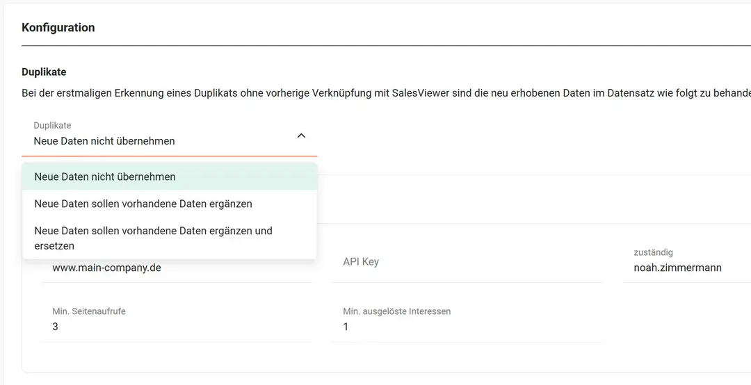Geöffnete Auswahl „Duplikate“ mit „Neue Daten nicht übernehmen“, „Neue Daten sollen vorhandene Daten ergänzen“ und „Neue Daten sollen vorhandene Daten ergänzen und ersetzen“