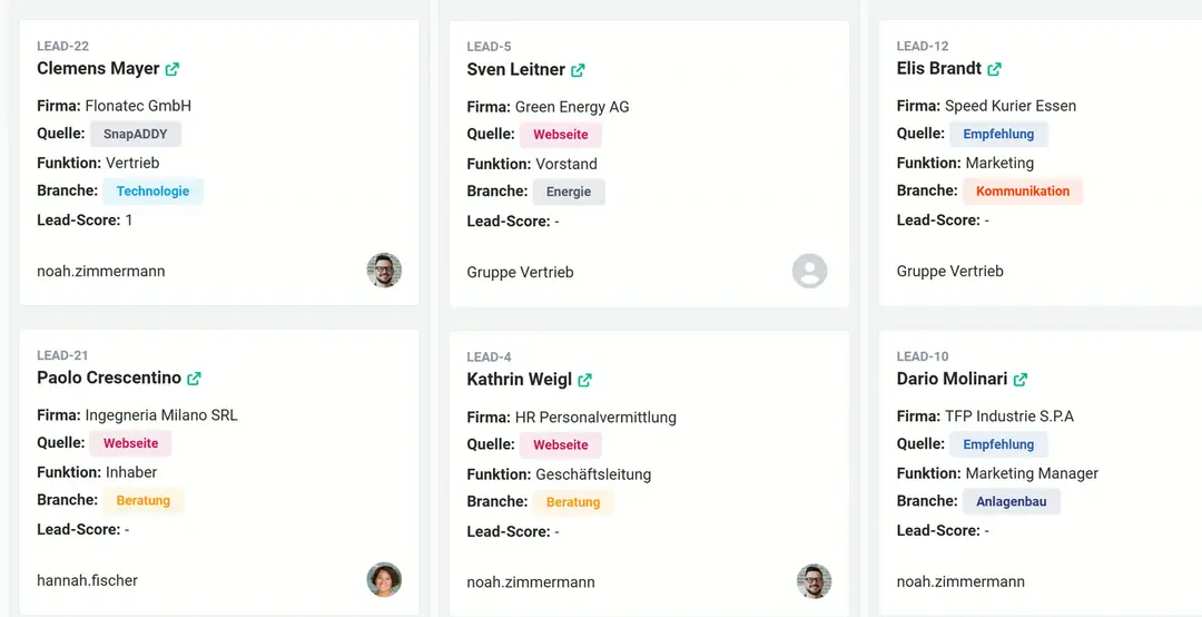 Kartenansicht der Leads mit LEAD-22 Clemens Mayer (Flonatec GmbH, Quelle SnapADDY, Funktion Vertrieb, Branche Technologie, zuständig noah.zimmermann) vorn links, daneben weitere Leads
