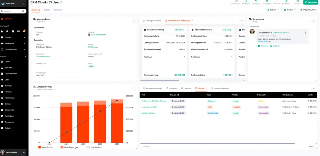brainX APP – Vertrag CRM Cloud 55 User mit Vertragsdaten, bevorstehenden Änderungen, Umsatzvorschau, Tickets und Kommentaren