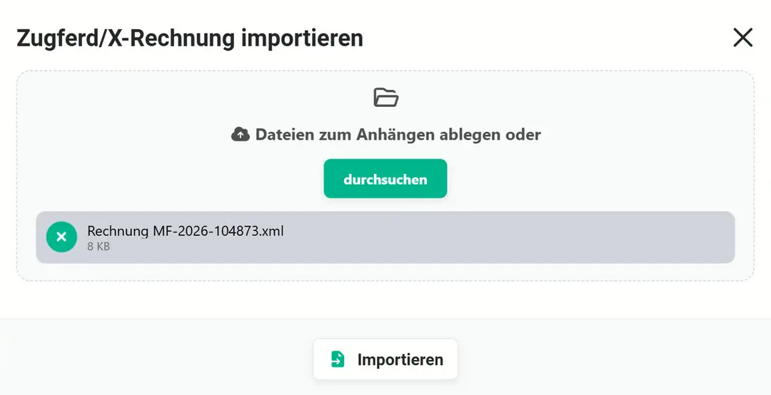 Importdialog für ZUGFeRD- und X-Rechnungen mit Ablagefeld, Knopf „durchsuchen“, der gewählten Datei „Rechnung MF-2026-104873.xml“ (8 KB) und dem Knopf „Importieren“