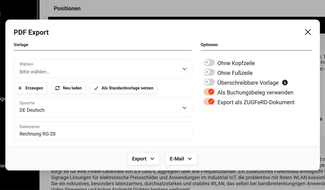 PDF-Export mit der Option „Export als ZUGFeRD-Dokument“