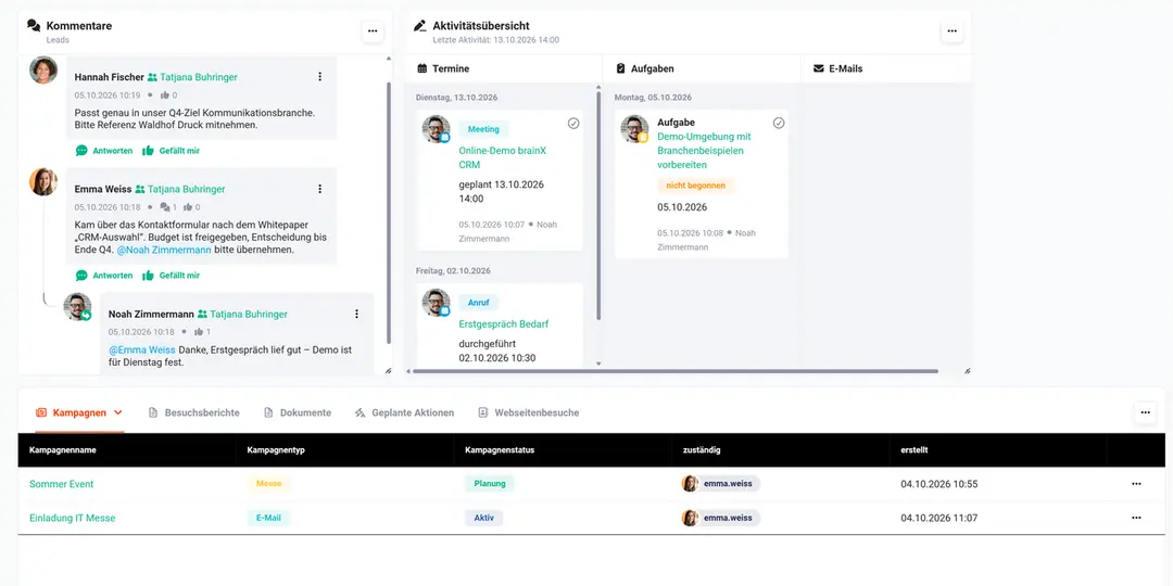 Lead Tatjana Buhringer in brainX: Kommentar von Emma Weiss aus dem Marketing mit Übergabe an Noah Zimmermann, daneben Termine, Aufgaben und die Kampagnen des Leads