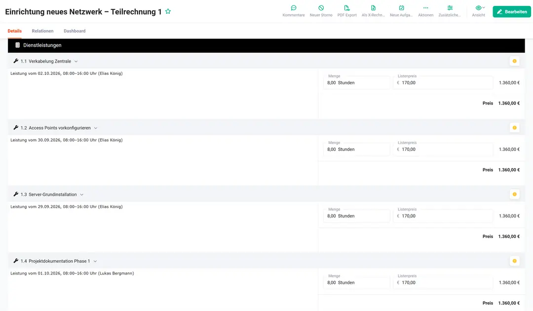 Rechnung mit Positionen aus den Timesheets eines Projekts