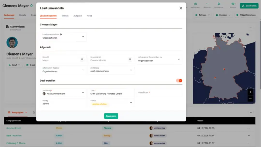 Dialog „Lead umwandeln“ mit Kontakt, Organisation, Deal, Termin und Aufgabe