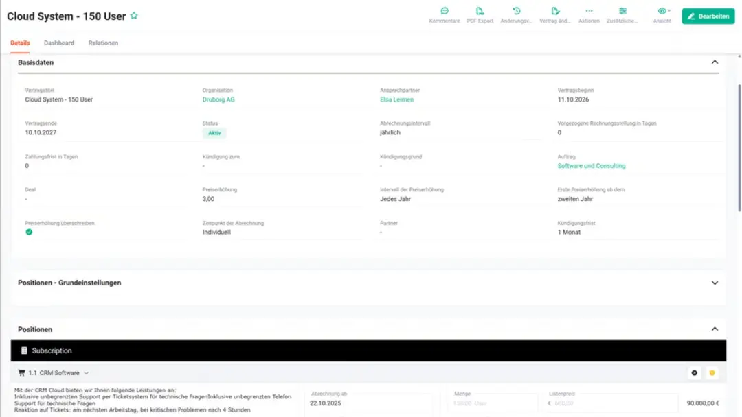 Vertragsdetail mit Status, Abrechnungsintervall und Kündigungsfrist