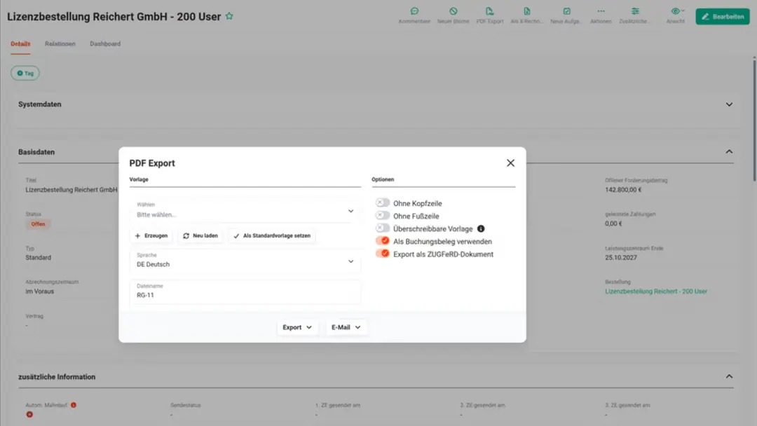 Export einer Rechnung im Format ZUGFeRD