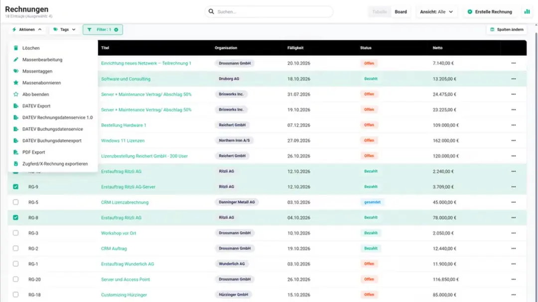 Aktionsmenü mit DATEV Export und DATEV Rechnungsdatenservice